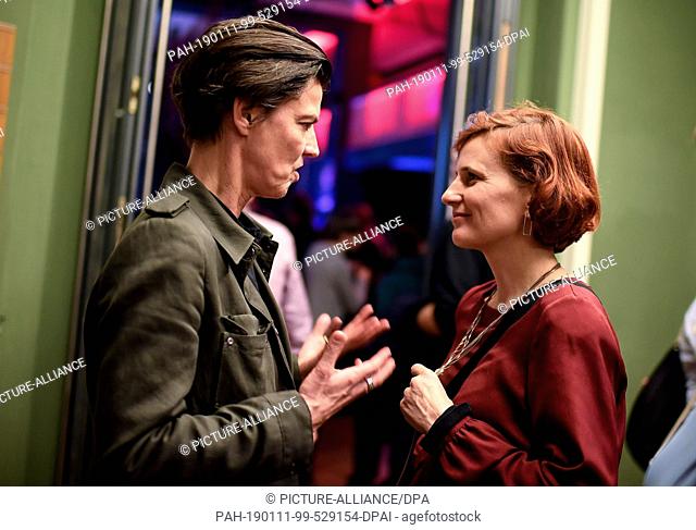 11 January 2019, Berlin: Carolin Emcke (l), publicist, and Katja Kipping, Federal Chairwoman of the Left Party, talk at the political kick-off 2019 of the Left...