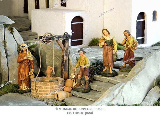 Section of a large nativity set with old plaster figurines, canton Freiburg, Switzerland
