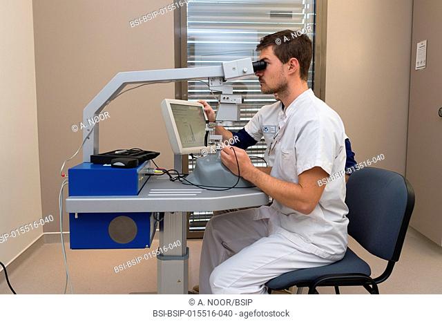 Reportage in the ophthalmology service in Pasteur 2 Hospital, Nice, France. The service is equipped with a simulation center enabling interns to practice in a...