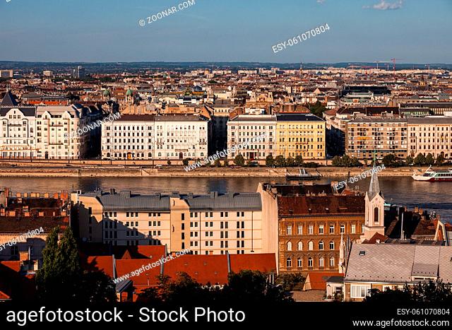Budapest, capital city of Hungary, apartment buildings, tenement houses along Danube River, view from Buda to Pest