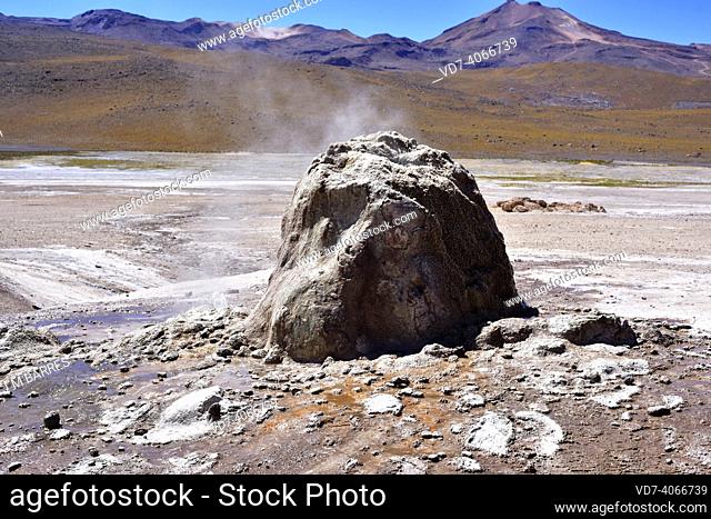 Geyserite is a variety of opaline silica that found around geysers or hot springs. This photo was taken in El Tatio Geysers, Atacama Desert, Chile