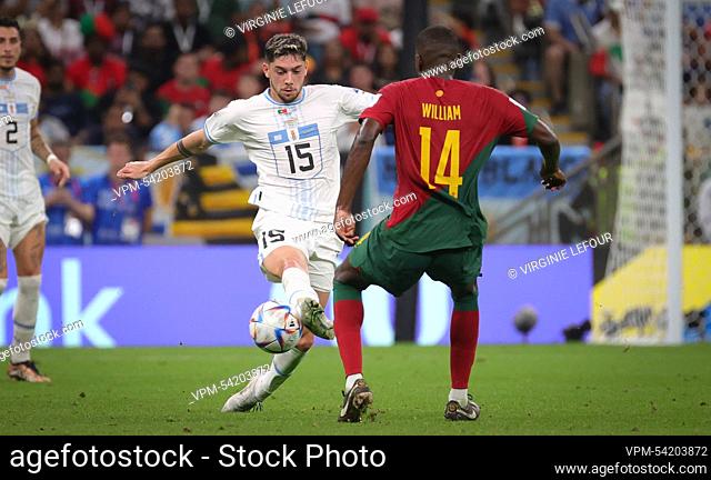 Uruguay's Federico Valverde and Portuguese William Carvalho fight for the ball during a soccer game between Portugal and Uruguay