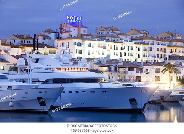 Luxury Ships in the harbour from Puerto Banus at Nighttime, Andalucia, Spain