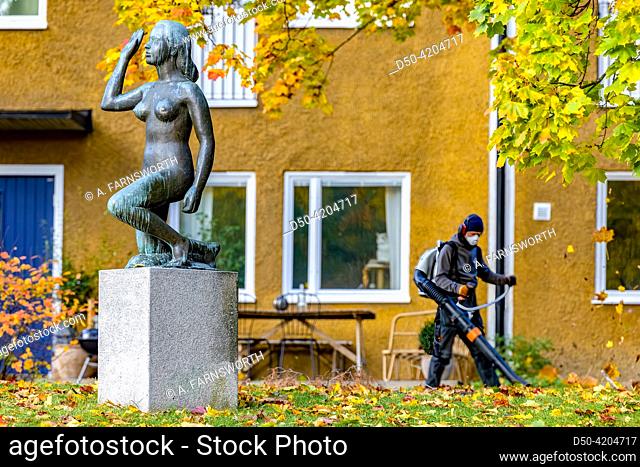 Stockholm, Sweden A man blows leaves in the autumn next to the landmark bronze sculpture EVA by artist Annie Wiberg from 1962 in the Ekensberg district