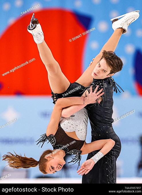 RUSSIA, CHELYABINSK - DECEMBER 21, 2023: Ice dancers Ksenia Krausova and Daniil Korochkin perform their rhythm dance during the ice dance event of the 2024...