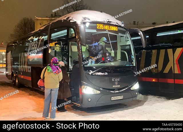 RUSSIA, ST PETERSBURG - DECEMBER 14, 2023: A Helsinki-bound bus operated by Ecolines is seen at a bus station before its departure