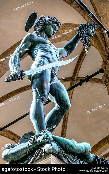 FLORENCE, TUSCANY/ITALY - OCTOBER 19 : Statue of Perseus holding the head of Medusa in Florence on October 19, 2019