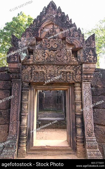 Banteay Srei is a 10th century Cambodian temple dedicated to the Hindu god Shiva. Located in the area of Angkor in Cambodia