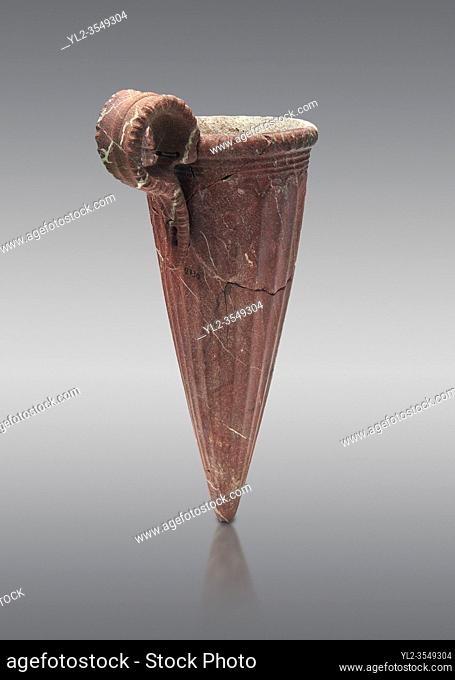 Minoan stone conical rhython with fluted decoration, Zakros 1500-1400 BC; Heraklion Archaeological Museum, grey background