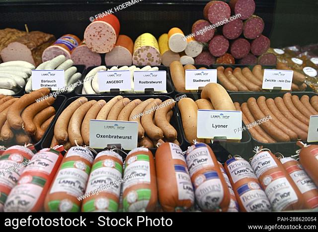 Sausage products in the meat counter of a court butcher's shop. Fresh meat. - Pfaffenhofen an der Glonn/Bayern/Deutschland