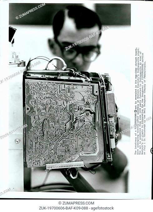 Jun. 06, 1970 - The intricacy of a Picturephone set is revealed in its map like circuit board, here undergoing testing after assembly at Western Electric's...