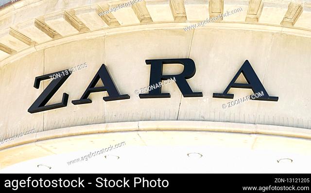 Hannover, Germany - May 7, 2018: Zara logo sign on facade of local shop of Spanish fast fashion retail chain company