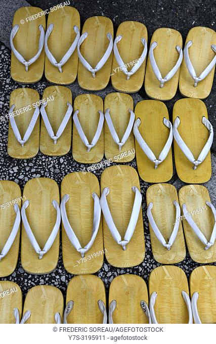 Traditional wooden sandals for the use of visitors at a Zen temple in Takayama, Japan, Asia