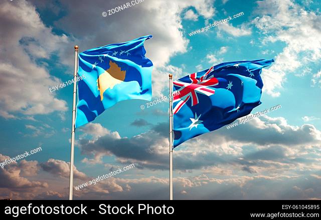 Beautiful national state flags of Kosovo and Australia together at the sky background. 3D artwork concept