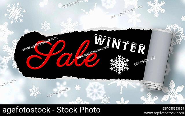 Torn paper - lettering Winter Sale - background with white snowflakes - 3D illustration