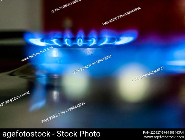 27 September 2022, Hessen, Frankfurt/Main: Gas flames burning on a stove in a kitchen. (shot with longer exposure time) Photo: Frank Rumpenhorst/dpa