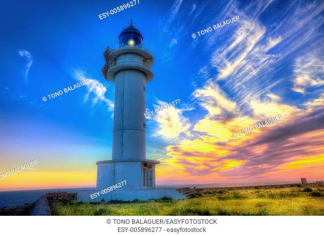 Barbaria Berberia Cape Lighthouse Formentera at sunset in Balearic Islands