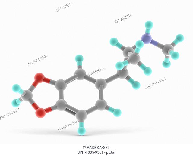 MDMA drug, molecular model. Atoms are represented as spheres and are colour-coded: carbon (grey), hydrogen (blue-green), oxygen (red) and nitrogen (blue)