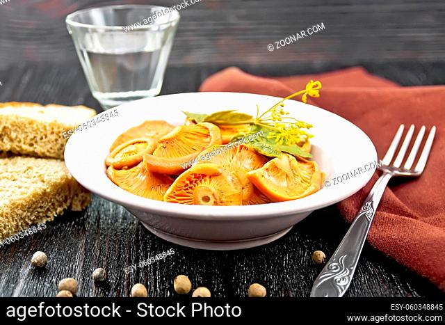 Salted mushrooms saffron with sour cream, currant leaf and sprig of dill in plate, fork, towel, bread and a glass of vodka on black wooden board background