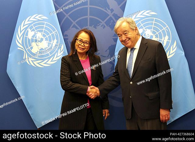 United Nations, New York, USA, September 25, 2023 - Secretary-General Antonio Guterres meets with Yvette Sylla, Minister for Foreign Affairs of the Republic of...