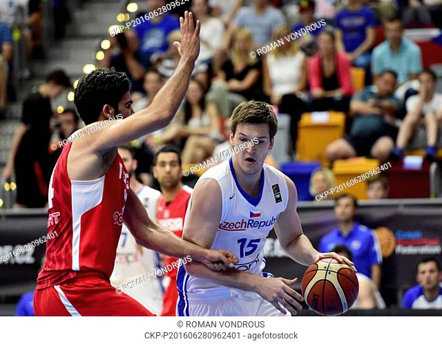 Martin Peterka (CZE), right, in action during the preliminary basketball match, Czech Republic vs Tunisia, in Prague, Czech Republic, June 28, 2016