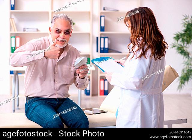 Old man visiting female doctor for plastic surgery