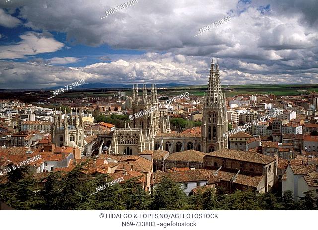 Overview of Burgos with its Gothic cathedral, Castile-Leon, Spain