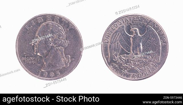 Twenty five American cents on a white background, front and back