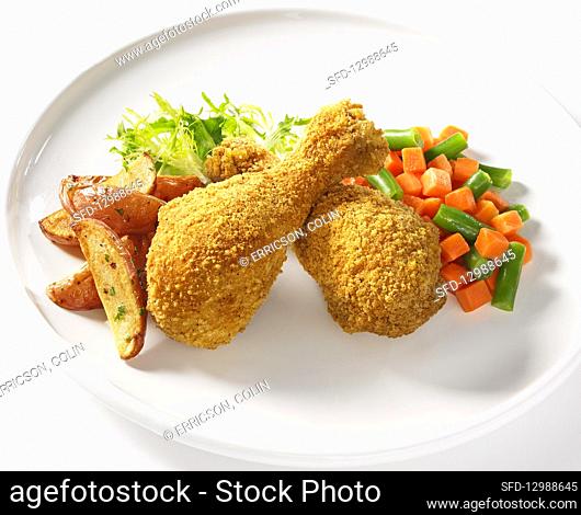 Fried chicken drumsticks potato wedges