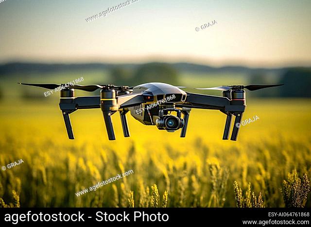 Flying drone above the farmland field. Drones allow farmers to monitor crop and livestock conditions from the air. AI generated