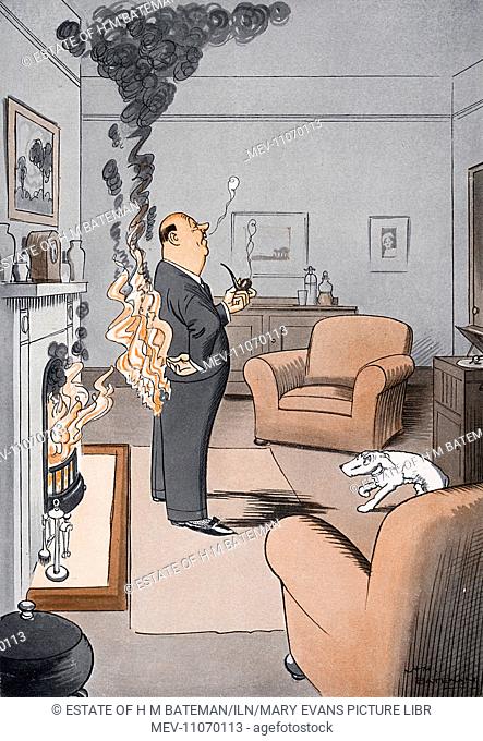 Where Ignorance is Bliss by H M Bateman, this illustration shows a man warming his behind in front of the fire while he smokes his pipe