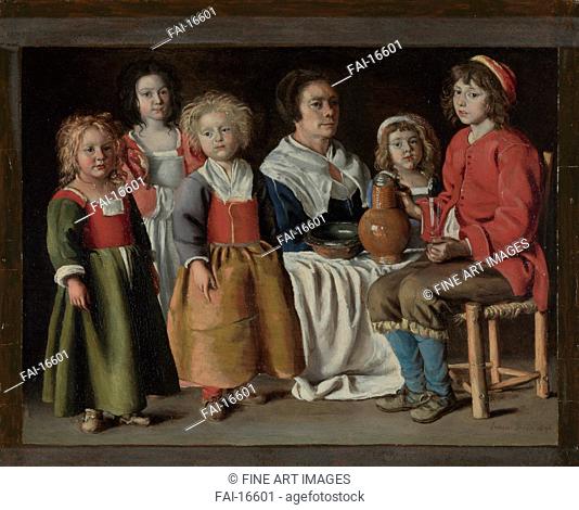 A Woman and Five Children. Le Nain, Louis (1593-1648). Oil on copper. Baroque. 1642. National Gallery, London. 21, 8x29, 2. Painting
