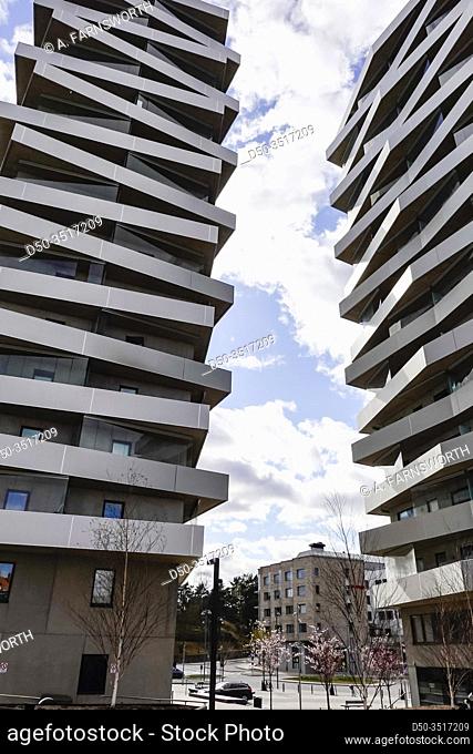 Stockholm, Sweden The facade of the Tuletornen, or Tule Towers, in the Sundbyberg suburb. Built 2014 by Vera Architects