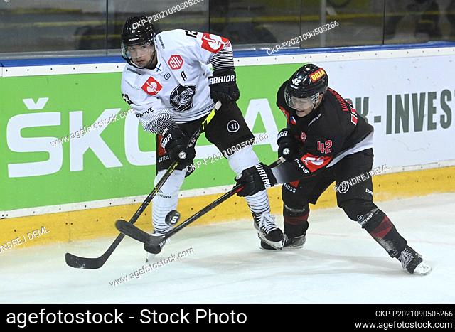 From left Elmeri Eronen of Turku, David Vitouch of Sparta in action during the Czech team Sparta Prague vs. Sweden's Vaxjo Lakers ice hockey Champions League...