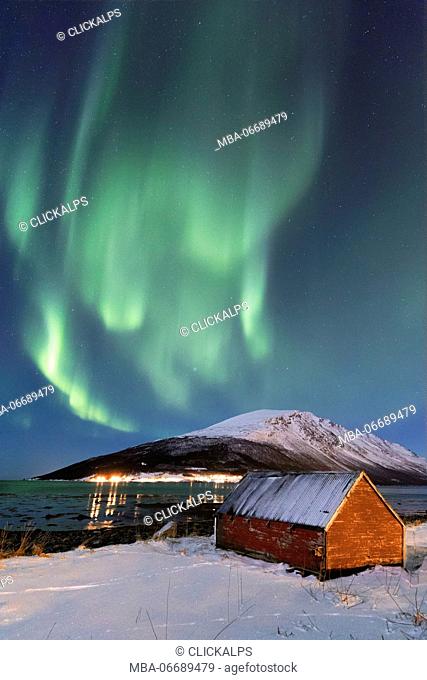 The Northern Lights paints the sky above the Nature Reserve Spaknesora. Spaknesora naturreservat, Djupvik, Lyngenfjord, Lyngen Alps, Troms, Norway, Lapland