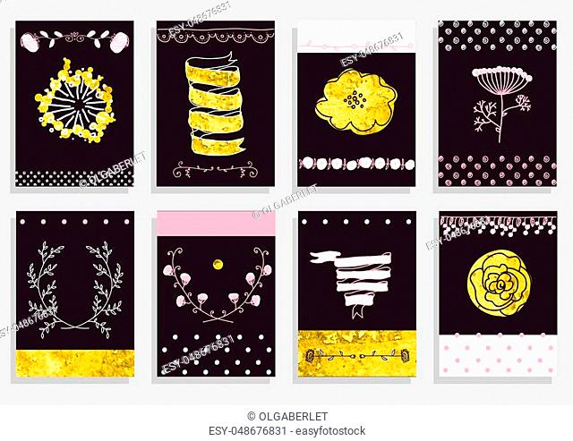 Big set of floral graphic design elements graphic, wreaths, ribbons and labels. gold, black, pink colors