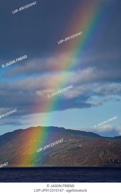 Scotland, Highland, Loch Ness. A rainbow over Loch Ness in the Great Glen