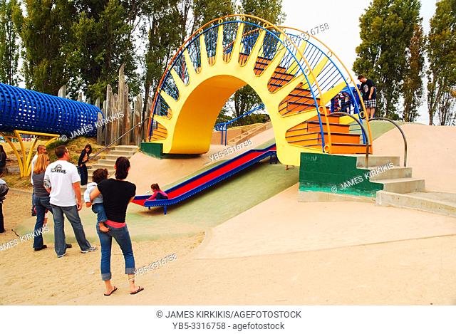 A bright and cheery playground, designed by Hank Ketchum, creator of Dennis the Menace, entertains kids in Monterrey, California