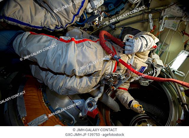 This is the Orlan spacesuit of Russian cosmonaut Alexander Skvortsov, Expedition 40 flight engineer. Skvortsov and fellow cosmonaut Oleg Artemyev readied their...