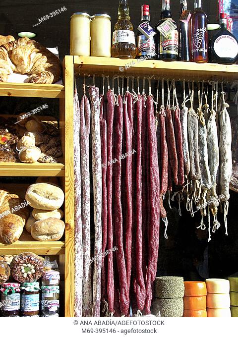 Tipical products at shop. Castellar de N'Hug. Barcelona province. Catalonia. Spain