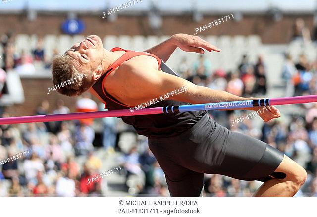 Mathias Brugger of Germany competes in Decathlon Men High Jump at the European Athletics Championships at the Olympic Stadium in Amsterdam, The Netherlands