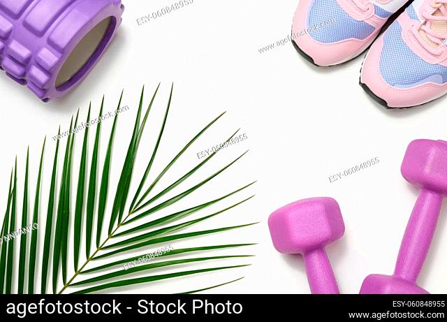 pair of pink sneakers and purple dumbbells on a white background, sports. Copy space