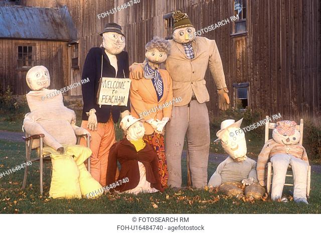 scarecrow, fall decoration, display, decorations, autumn, A fall decoration of a family of scarecrows in front of a barn with a Welcome to Peacham sign in...