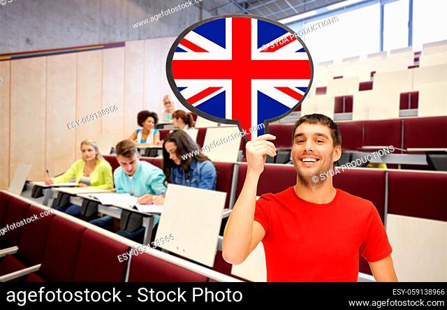 smiling man with british flag on text bubble