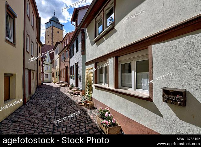 Muschelgasse, Fischerviertel, cobblestone pavement, house view, Bayersturm, old town, summer, Lohr am Main, Main Spessart, Lower Franconia, Bavaria, Germany