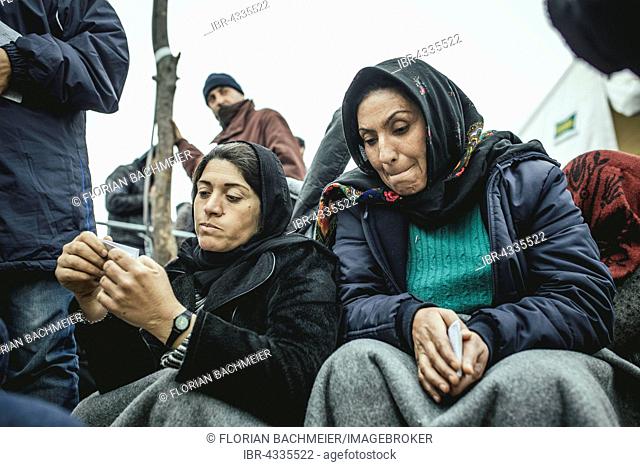 Idomeni refugee camp on Greek Macedonia border, refugees waiting at the checkpoint, Idomeni, Central Macedonia, Greece