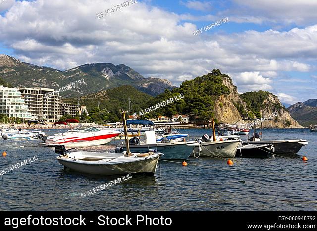 Petrovac, Montenegro, 29. august 2021: Boats in harbour in town Petrovac, Montenegro. Beautiful family vacation town