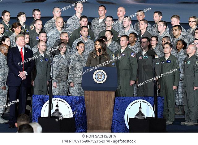 First lady Melania Trump makes remarks introducing United States President Donald J. Trump who will delivers remarks to military personnel and families in a...