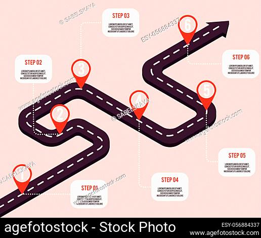 Vector business milestones concept with map pointers and steps on road route. Company timeline, presentation infographic template