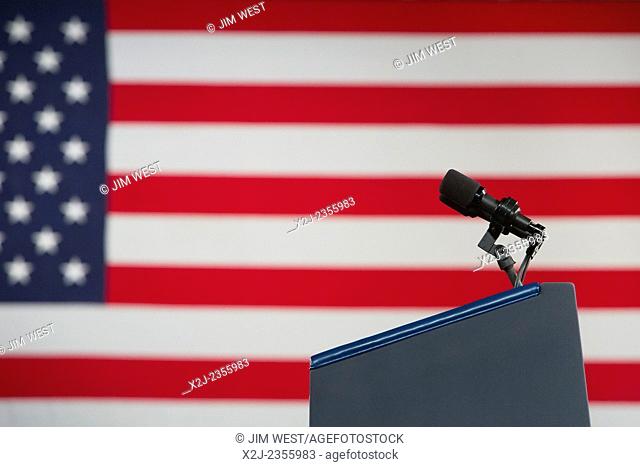 Wayne, Michigan - A podium at Ford's Michigan Assembly Plant prepared for a speech by President Barack Obama